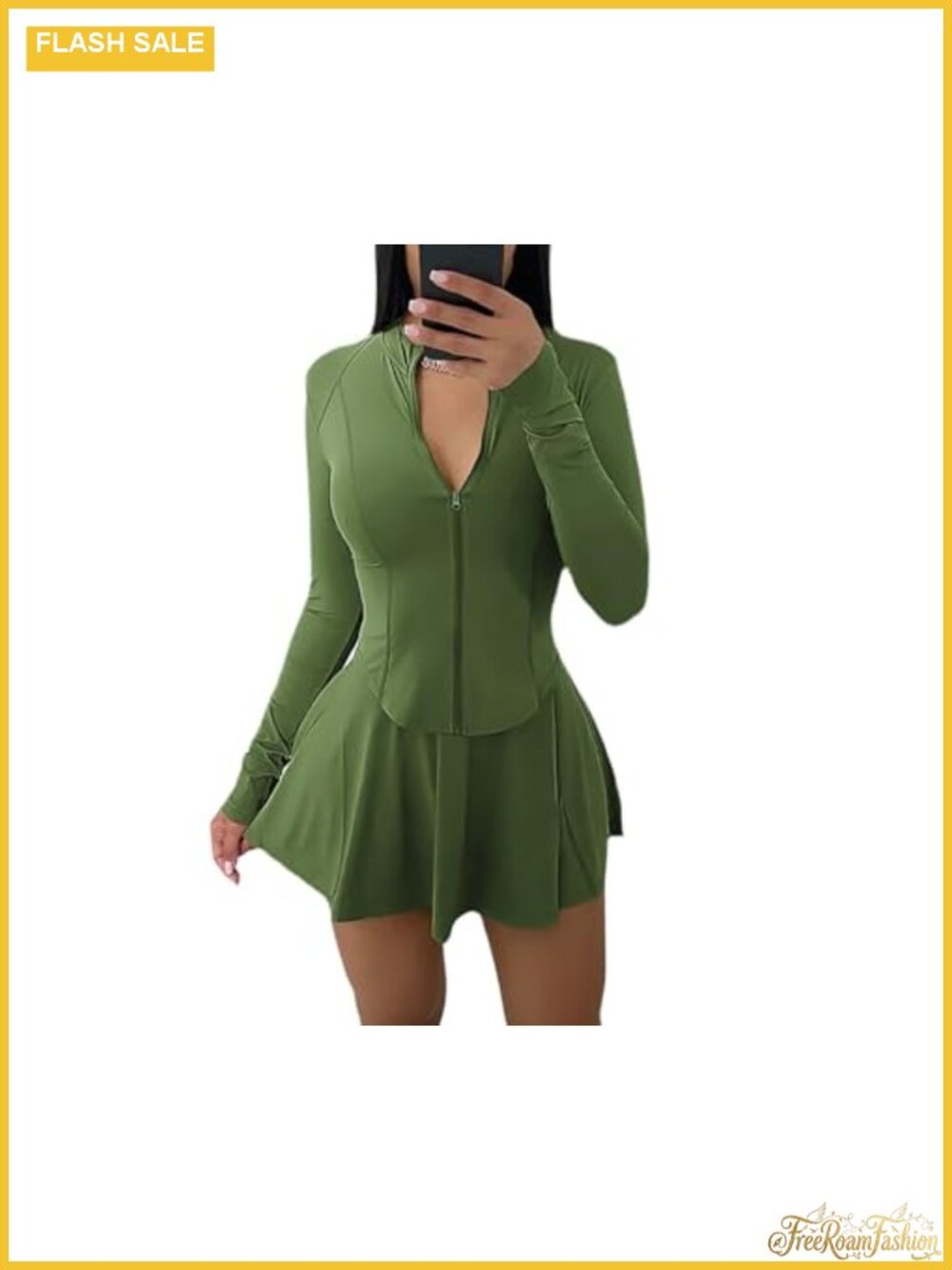 Women 2 Piece Outfit Long Sleeve Zip Jacket & Pleated Mini Skirt Set